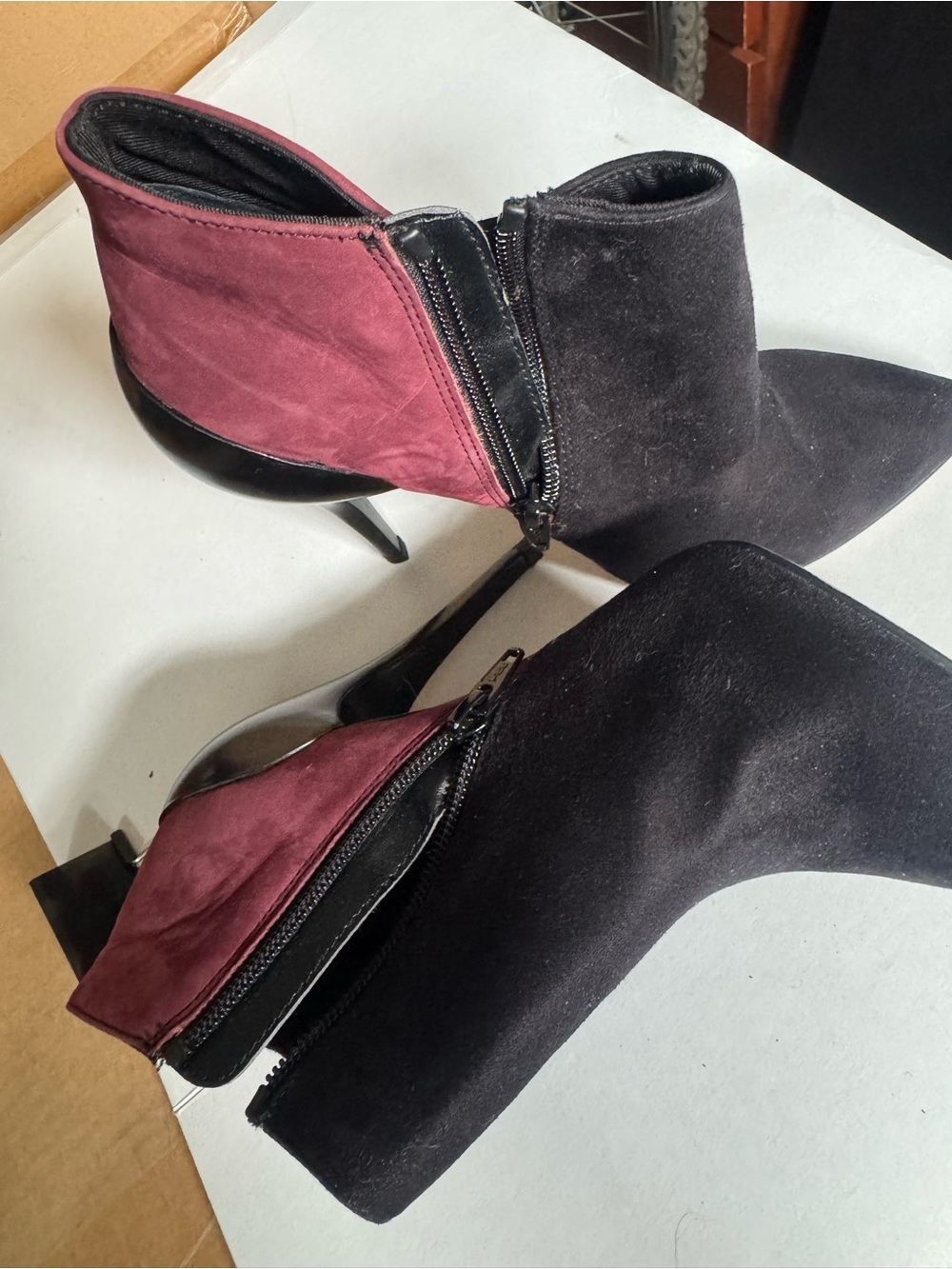 Aldo Two-Tone Suede Pointed Ankle Boots in Black & Burgundy